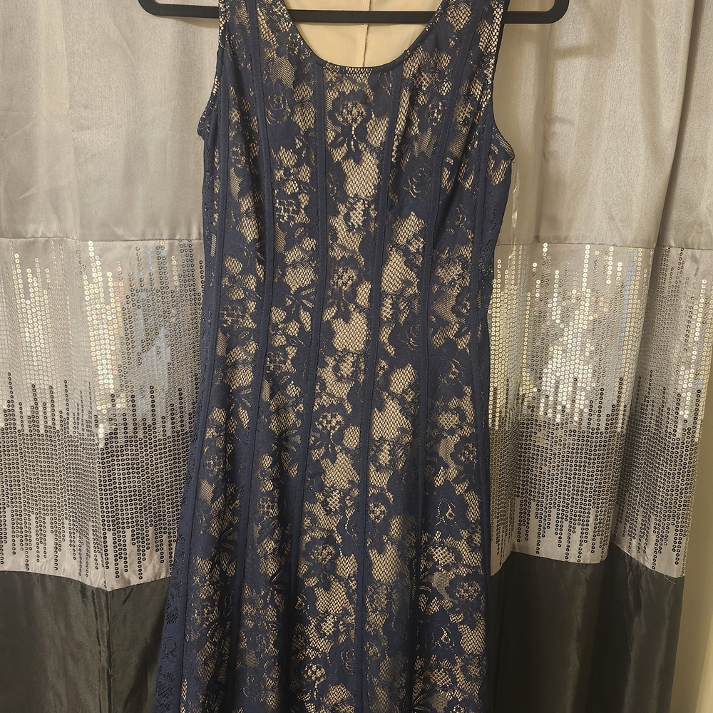 Candie's Navy and Beige Lace Midi Dress